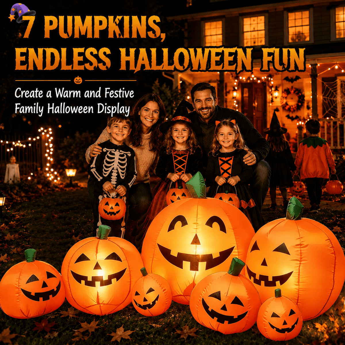 Haunt & Co 7.5 FT Long Halloween Inflatables Pumpkin Family Lighted,7 Pumpkins Blow Up Yard Decoration, Built-in LEDs, Stakes & Tethers Included