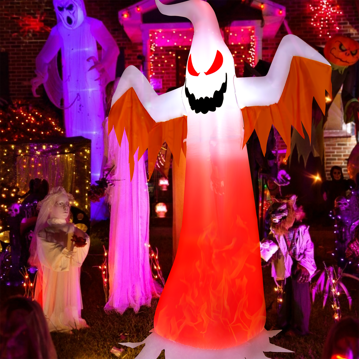 Haunt & Co Costway 8 FT Halloween Inflatable White Ghost with Rotatable Flame LED Lights