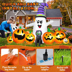 Haunt & Co 8 FT Long Halloween Inflatable Ghost with Witch Hat, 6 Pumpkins Halloween Blow Ups with Black Cat
