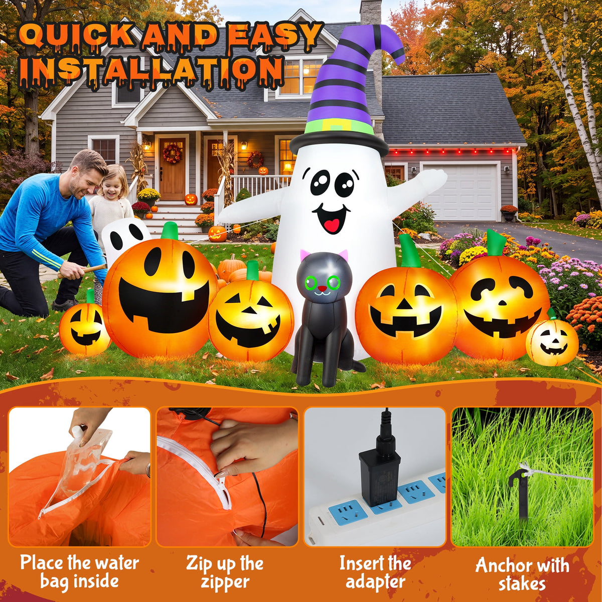 Haunt & Co 8 FT Long Halloween Inflatable Ghost with Witch Hat, 6 Pumpkins Halloween Blow Ups with Black Cat