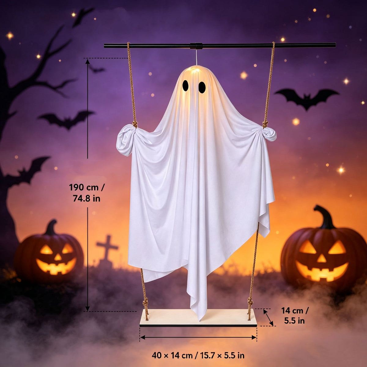 Haunt & Co Halloween Hanging Ghost Decor With Lights, Lighted White Ghost Ornament for Porch Tree Doorway Party Display, Spooky Fabric Hanging Decoration for Indoor Outdoor Holiday Scenes