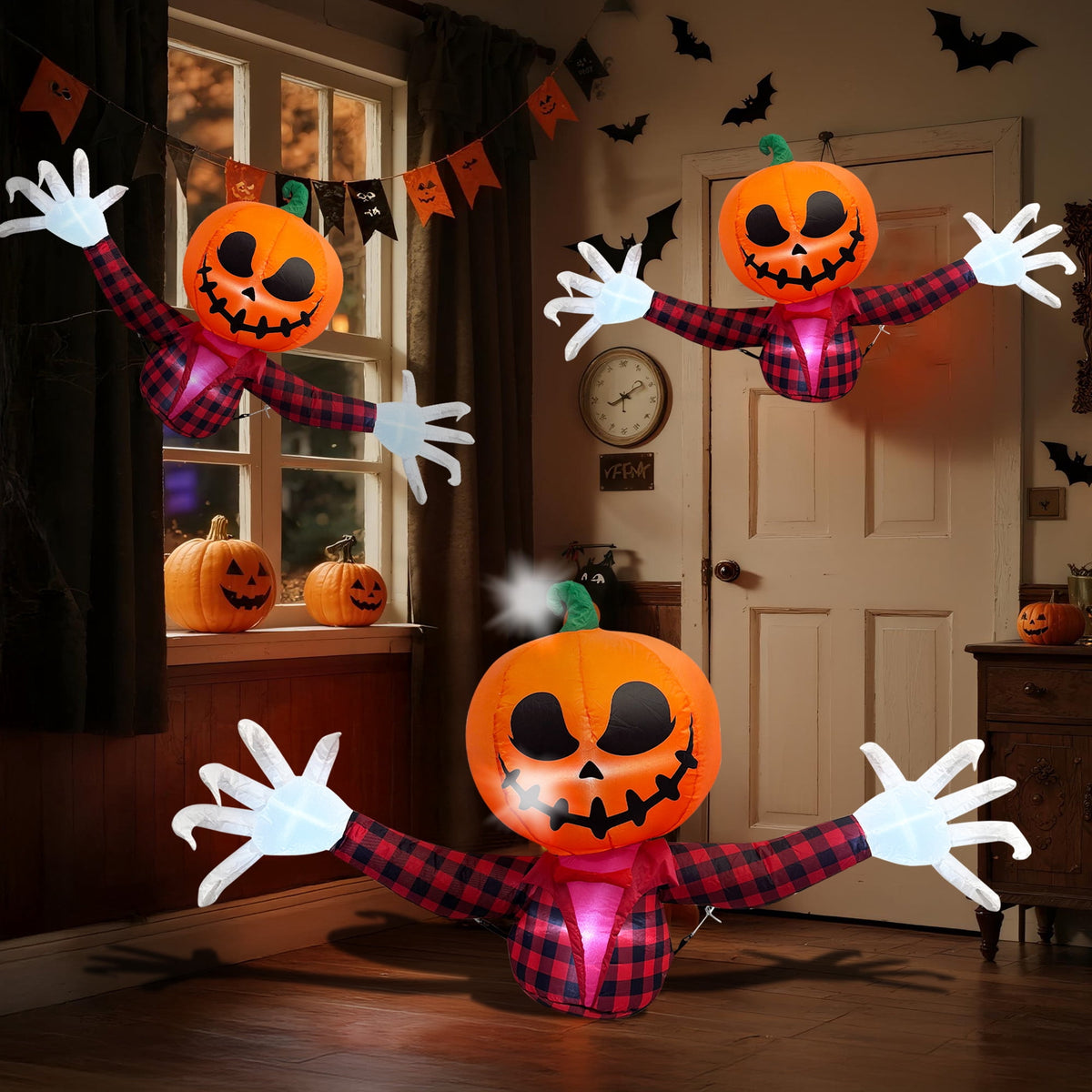 Haunt & Co 5 FT Halloween Inflatable Pumpkin Ghost - Outdoor LED Blow-Up Decoration with Giant Arms, Light-Up Eyes, Waterproof Yard Decor
