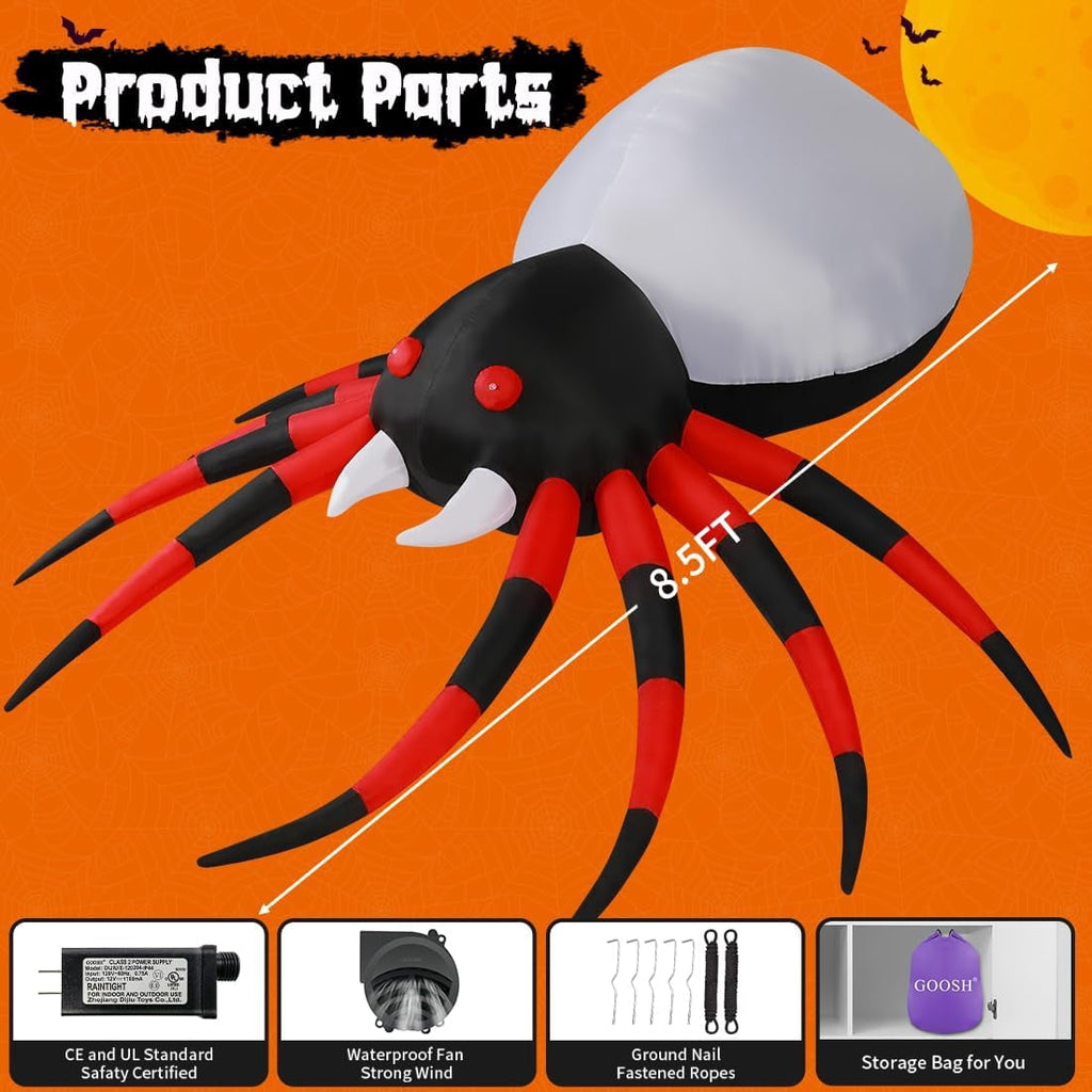 Haunt & Co Halloween Inflatable 8.5 FT Halloween Spider Inflatable, Giant Blow Up Spider with Built-in Lights, Outdoor Inflatable Halloween Blowup for Holiday/Party/Yard