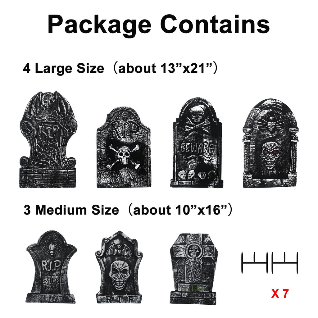 Haunt & Co Halloween Foam RIP Graveyard Tombstones, 7Pack(3 x L-Size + 4 x XL-Size) Foam Tombstone for Halloween Party Outdoor Decorations