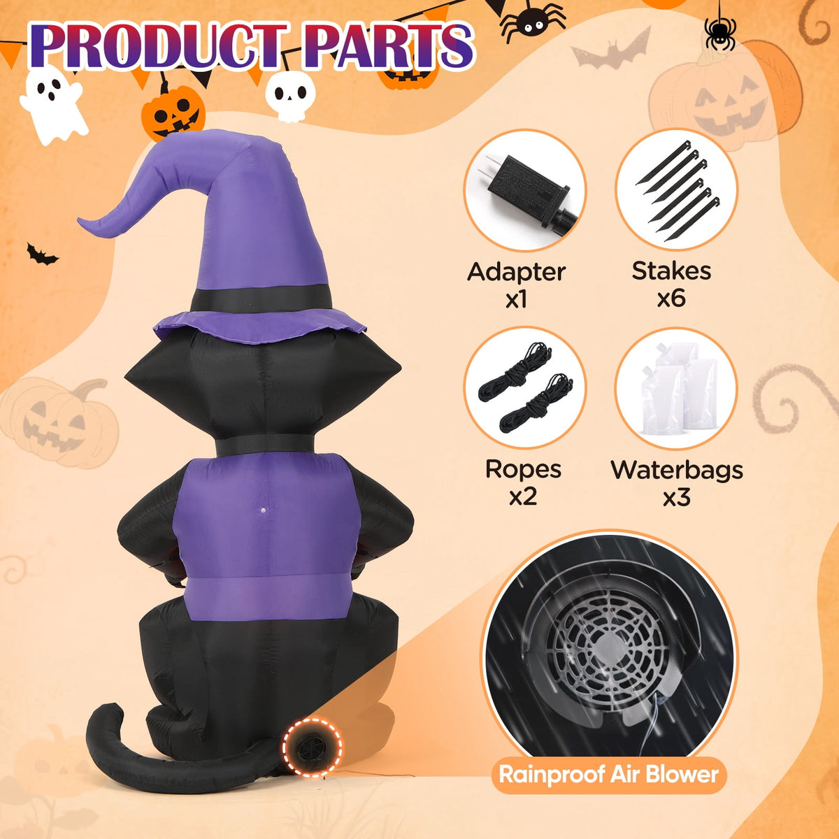 Haunt & Co Toiyjofe 6ft Halloween Inflatable Black Cat with Jack-o'-Lantern & LED Lights, Trick-or-Treat Yard Decoration with Witch Hat