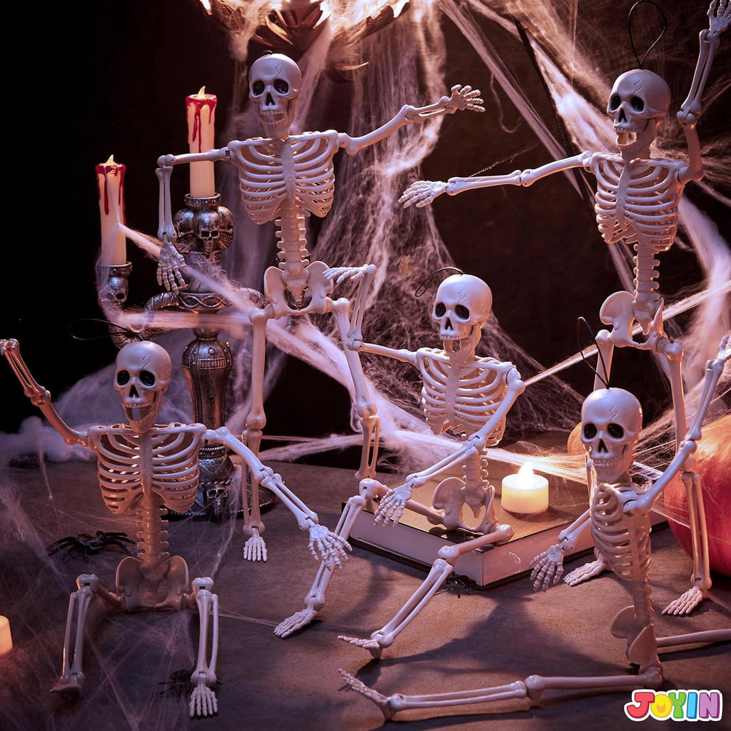 Haunt & Co 5 PCS Posable Halloween Skeleton Decor 16 Inches, Full Body Posable Joints Hanging Skeletons for , Graveyard Props, Haunted House Accessories, Spooky Scene Party Favors