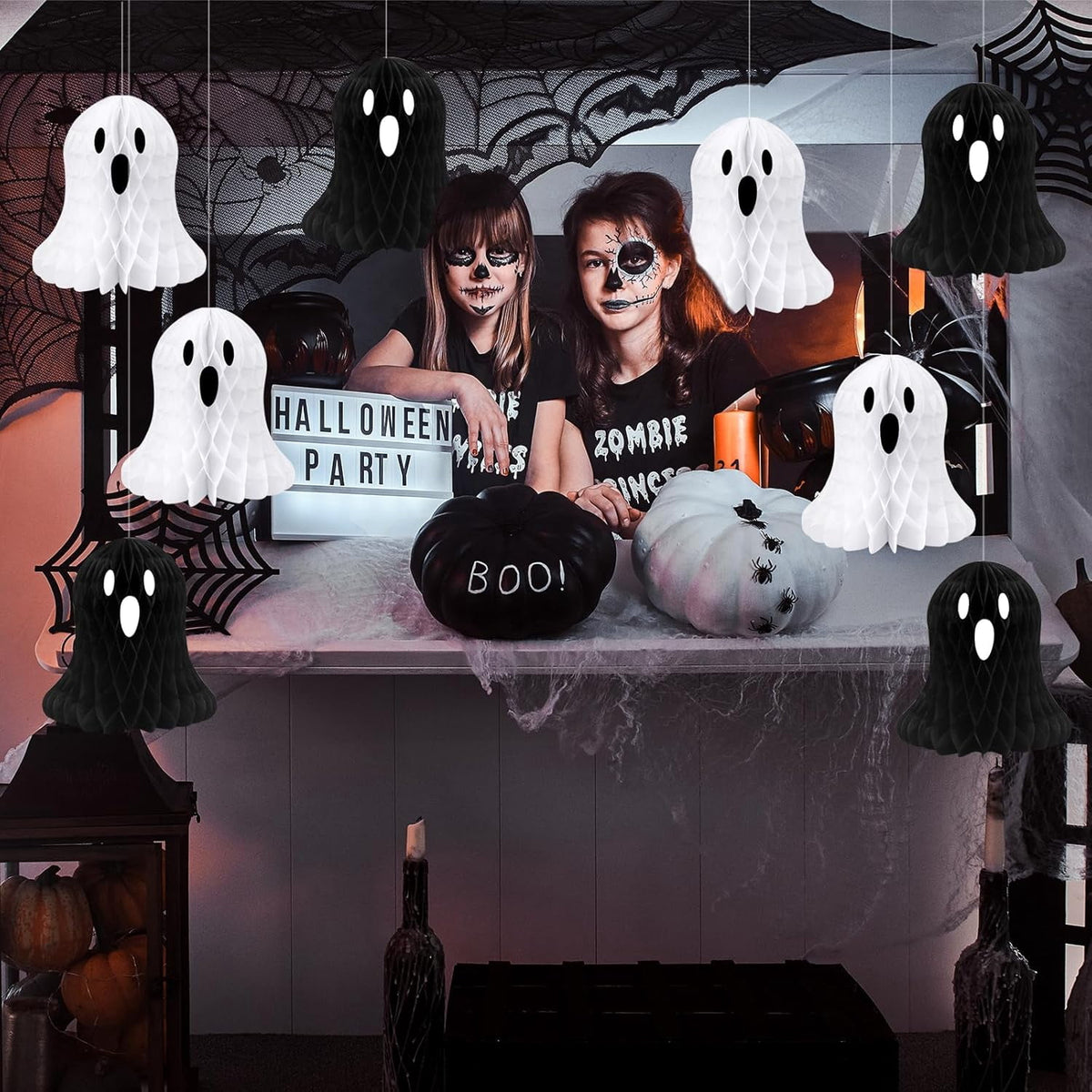 Haunt & Co 10 PCS Halloween Ornaments Hanging Cute White Black Ghost Honeycomb Decoration Halloween Tree Decorations Paper Ghost Table Decor for Home Office Classroom Holiday Party Supplies