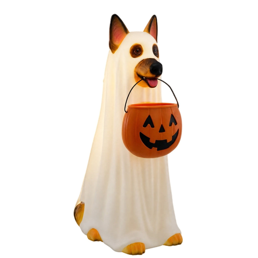 Haunt & Co Clearance! Halloween Ghost Dog Statue with Pumpkin Candy Bowl, 14" LED Ghost German Shepherd Blow-Molded Figurine Outdoor, Halloween Candy Holder Decoration Gift for Porch Yard Patio Indoor
