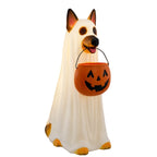 Haunt & Co Clearance! Halloween Ghost Dog Statue with Pumpkin Candy Bowl, 14" LED Ghost German Shepherd Blow-Molded Figurine Outdoor, Halloween Candy Holder Decoration Gift for Porch Yard Patio Indoor
