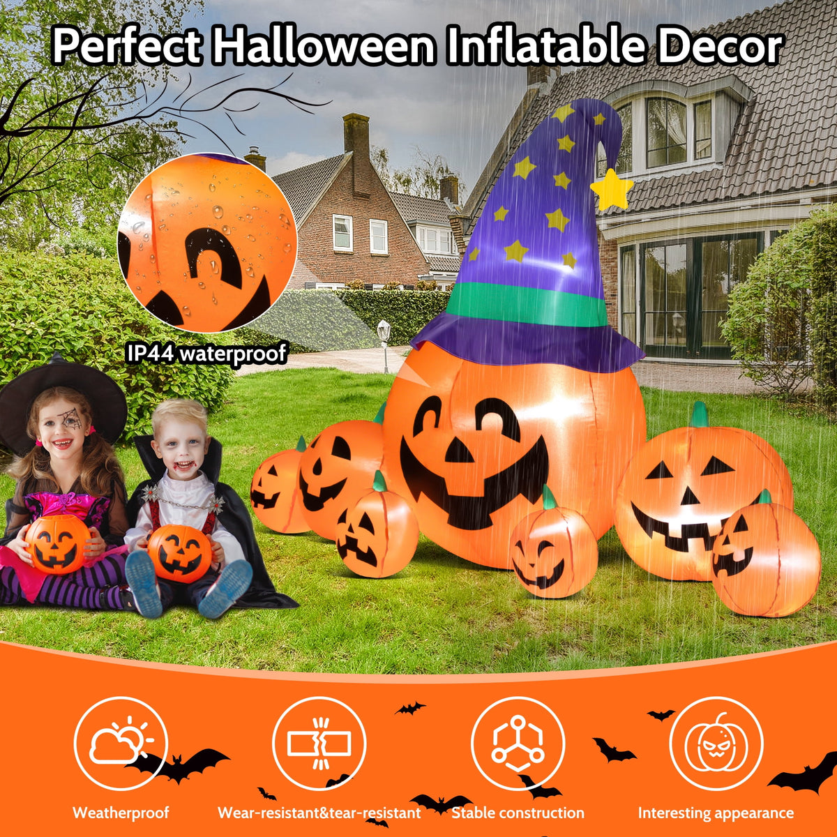 Haunt & Co 8.7ft Halloween Inflatables Pumpkins 7 Blow Up Decor with Witches Hat, Built-in LED Lights