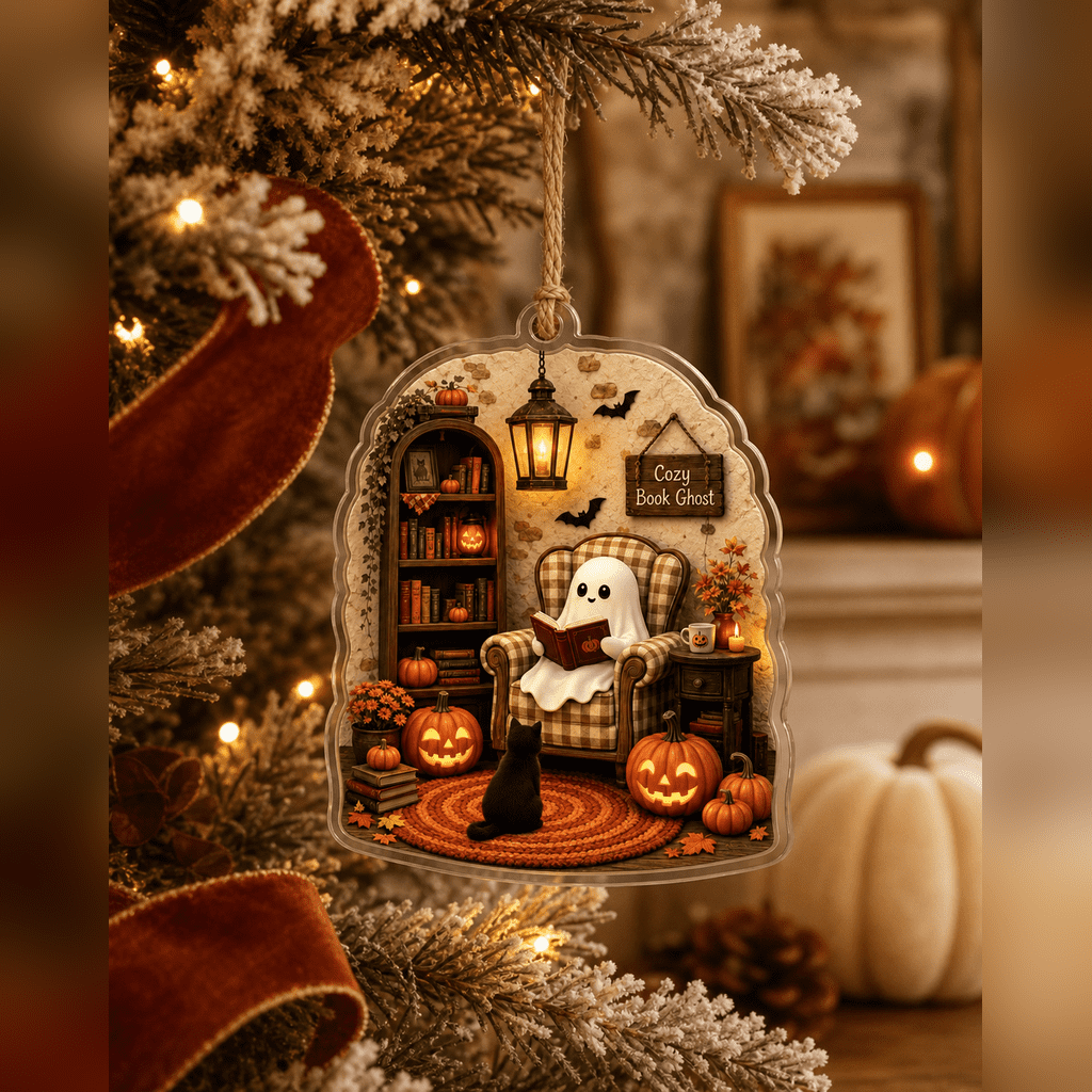Haunt & Co Cozy Reading Ghost Book Lover Acrylic Halloween Hanging Ornament