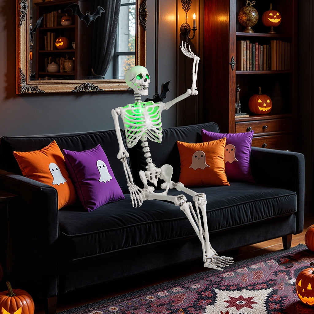 Haunt & Co Costway 5.5 FT Poseable Halloween Skeleton Life-Size Decoration with Built-in Lights Green