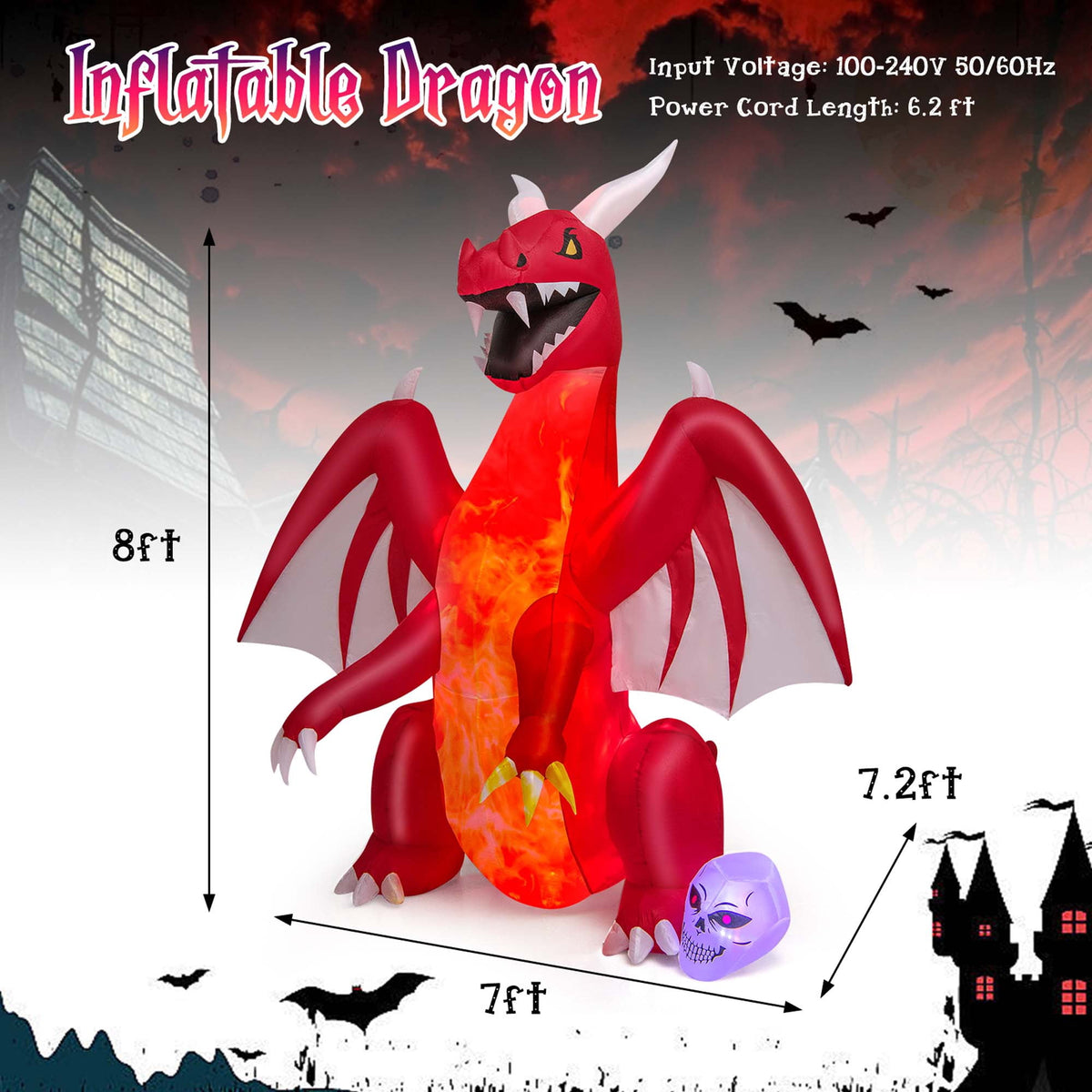 Haunt & Co Costway 8 FT Halloween Inflatable Red Dragon with Wings & Skull Holiday Decoration Light