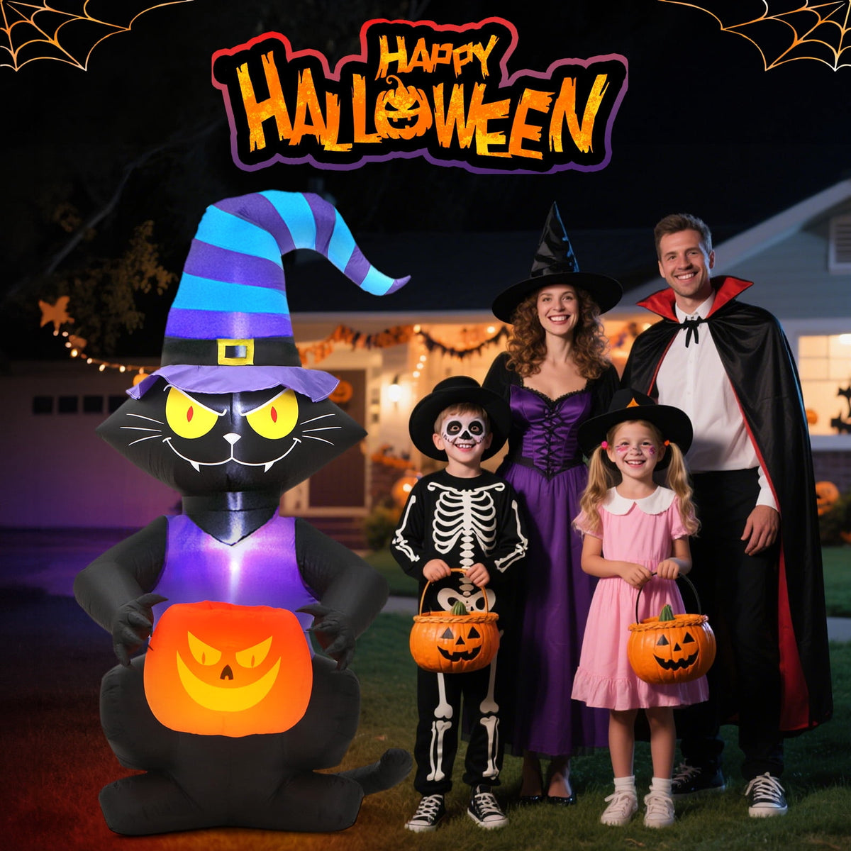 Haunt & Co Toiyjofe 6ft Halloween Inflatable Black Cat with Jack-o'-Lantern & LED Lights, Trick-or-Treat Yard Decoration with Witch Hat