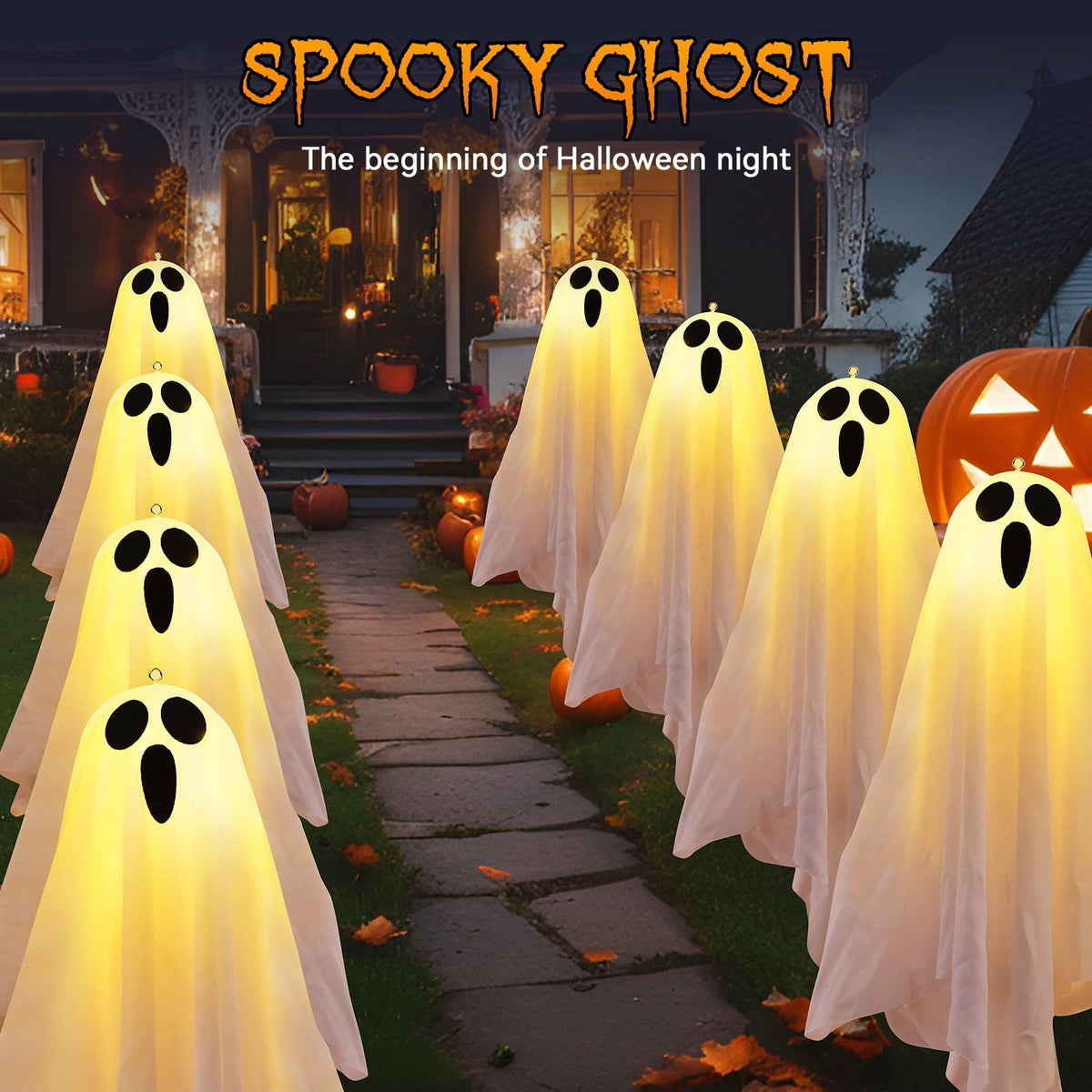 Haunt & Co Solar Garden Lights Outdoor, 5Packs Halloween Ghost Decorations Lights Indoor, Solar Scary Ghost Path Lights