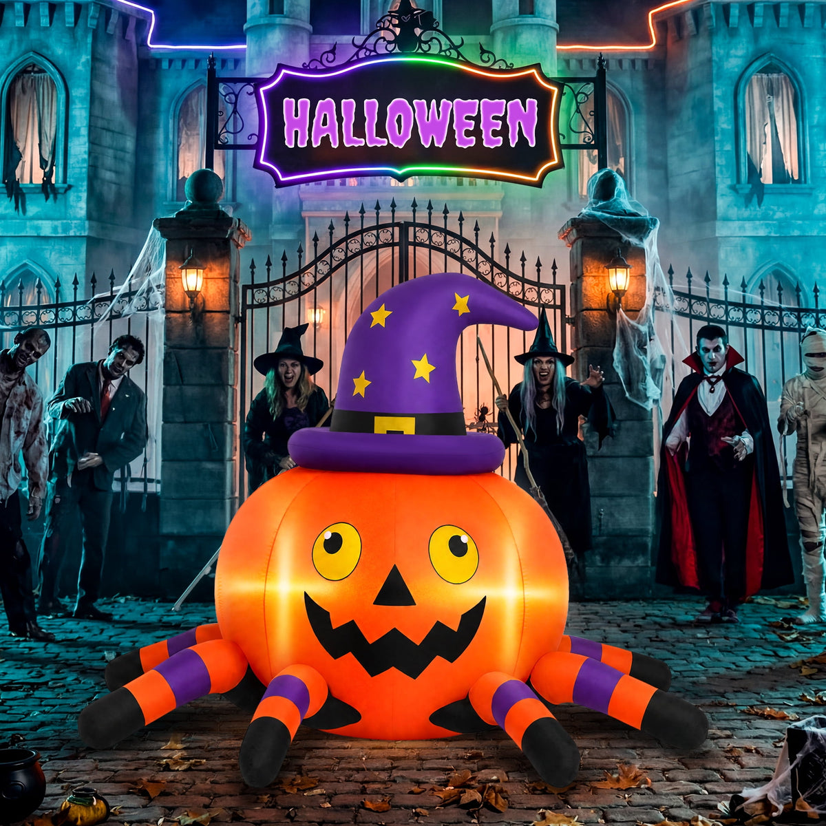 Haunt & Co 6.2FT Halloween Inflatable Decorations Pumpkin Spider with LED Lights, Halloween Blow Ups
