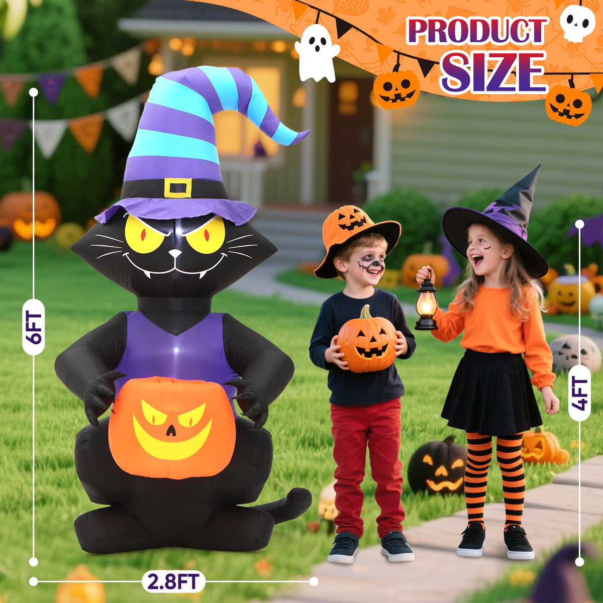 Haunt & Co Toiyjofe 6ft Halloween Inflatable Black Cat with Jack-o'-Lantern & LED Lights, Trick-or-Treat Yard Decoration with Witch Hat