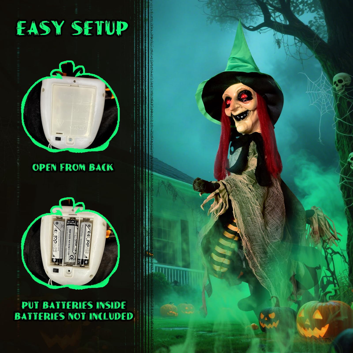Haunt & Co Halloween LED Light-Up Flying Witch on Broomstick, Realistic Sound & Motion, Scary Animated Decoration with Kicking Legs