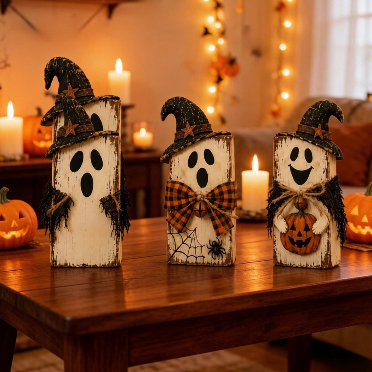Haunt & Co PLLFRLRT Wooden Halloween Decorations Set Of 3 Fall Mantel Decor Ornaments Farmhouse Tabletop Signs with Witch Hat