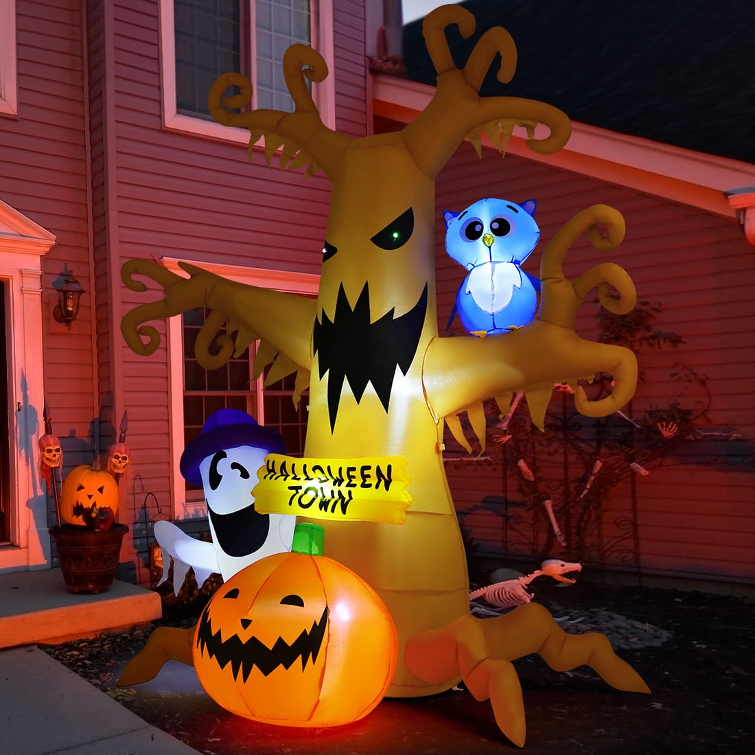 Haunt & Co Halloween Inflatables 8 FT Halloween Inflatable tree with Ghost Pumpkin and Owl, Halloween Dead Tree Decorations Scary with Built-in Lights for Halloween/Holiday/Party