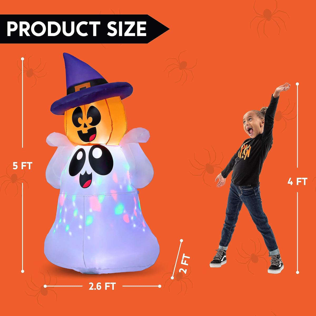 Haunt & Co 5Ft Halloween Inflatable Pumpkin Ghost with Colorful LED Lights,Halloween Blow Up Cute Decor