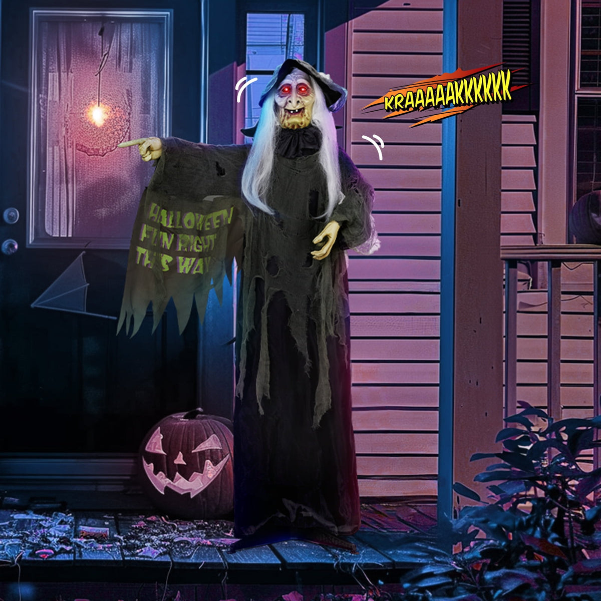 Haunt & Co 6FT Halloween Animatronic Witch Standing Outdoor w/ Red Eyes,Scary Sounds
