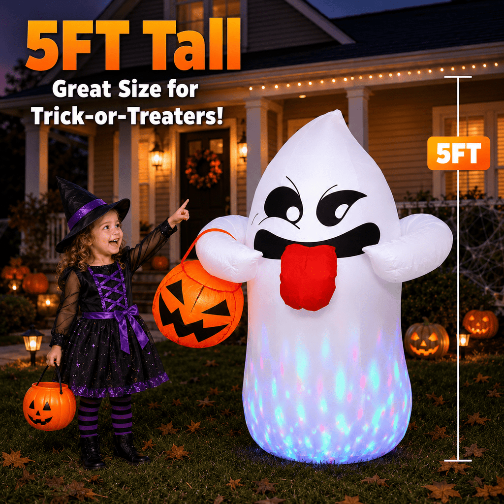 Haunt & Co 5FT Halloween Inflatable Ghost Holding Pumpkin Lantern, Light-Up Blow Up Outdoor Yard Decoration with RGB LED Lights