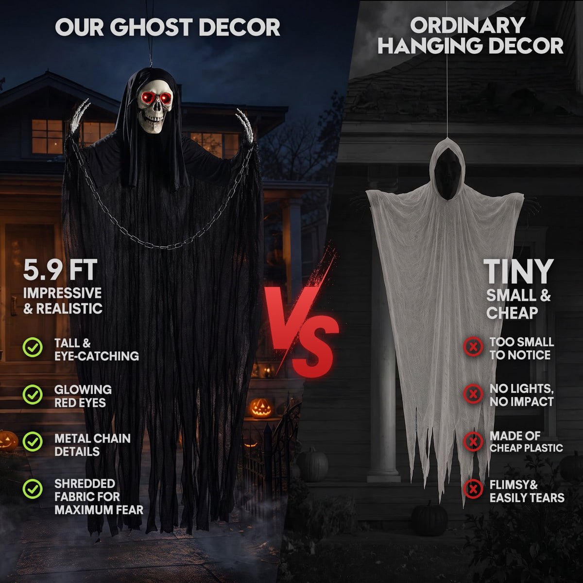 Haunt & Co Halloween Grim Reaper 6ft Hanging Ghost Skeleton Decorations, Spooky