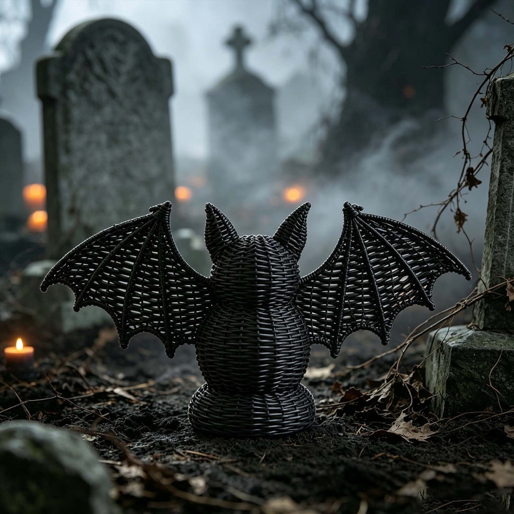 Haunt & Co SHJHENG Woven Bat Figurine â?? Black Rattan Style Halloween Decoration, Spooky Desktop Ornament for Home, Mantel, and Party Display, 7.09 Inch Tall