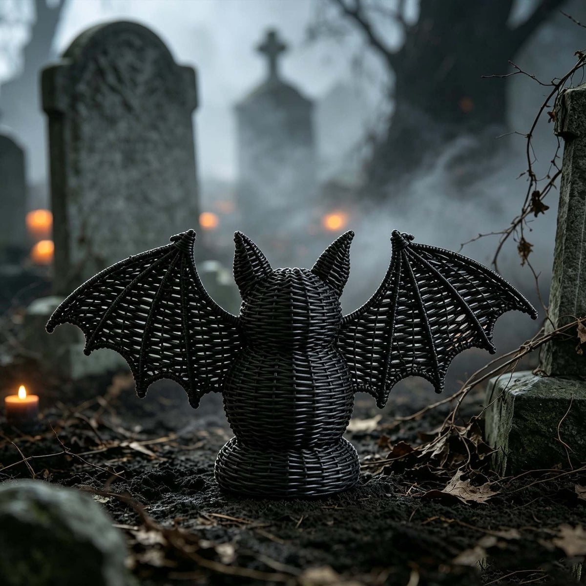 Haunt & Co SHJHENG Woven Bat Figurine â?? Black Rattan Style Halloween Decoration, Spooky Desktop Ornament for Home, Mantel, and Party Display, 7.09 Inch Tall