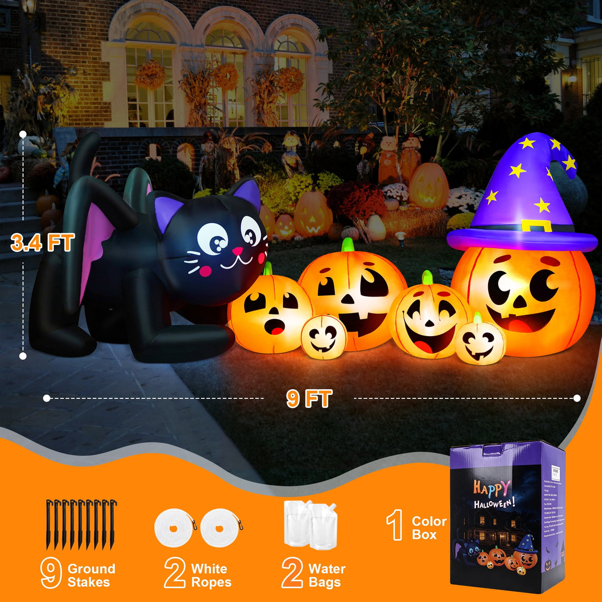 Haunt & Co 9FT Halloween Inflatable Black Cat with Pumpkin, with 8 LED Lights,Blow Up Outdoor Lawn Decor