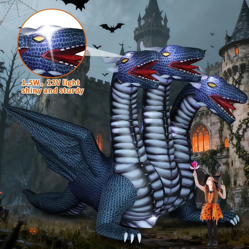 Haunt & Co COMIN 15.6 FT Long Animated Halloween Inflatables Outdoor Decorations Black Hydra Dragon - Giant Decoration Built-in LED Lights