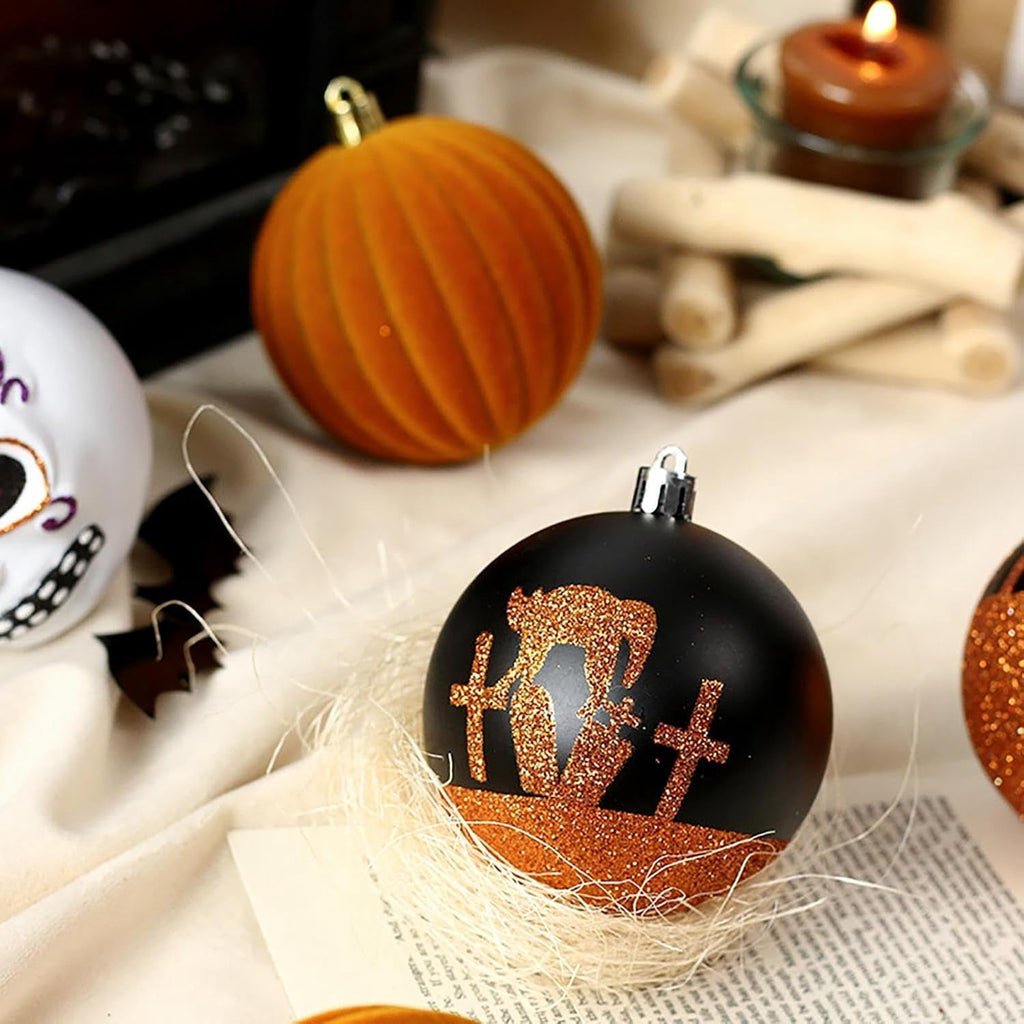 Haunt & Co Halloween Ornaments for Tree - 9 Pieces Spooky Gothic Hanging Pendant Balls, Shatterproof ABS Indoor Halloween Decorations for Hoe & Office Decorm