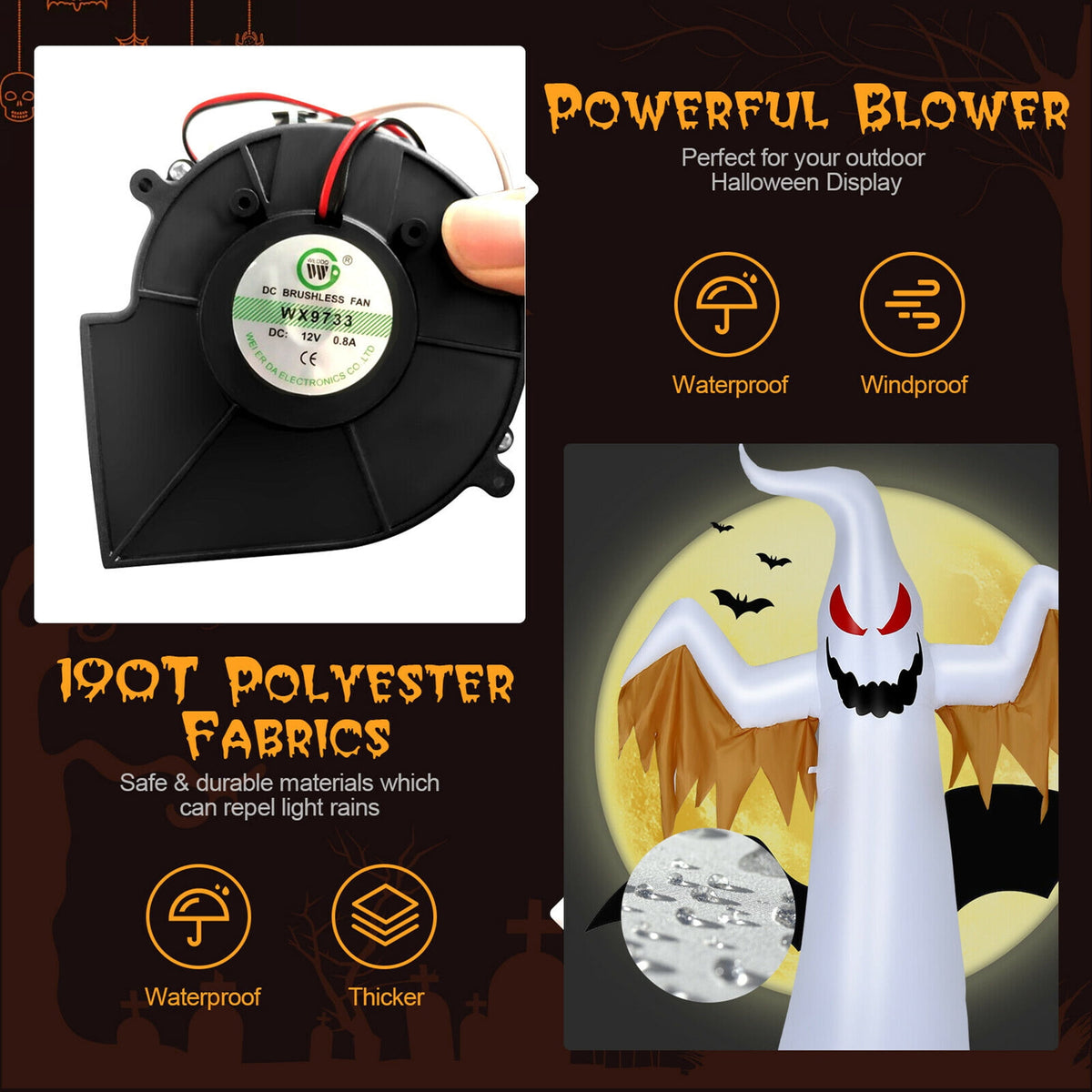 Haunt & Co Gymax 8ft Inflatable Halloween Ghost Blow Up Decoration w/ Built-in Flame Light