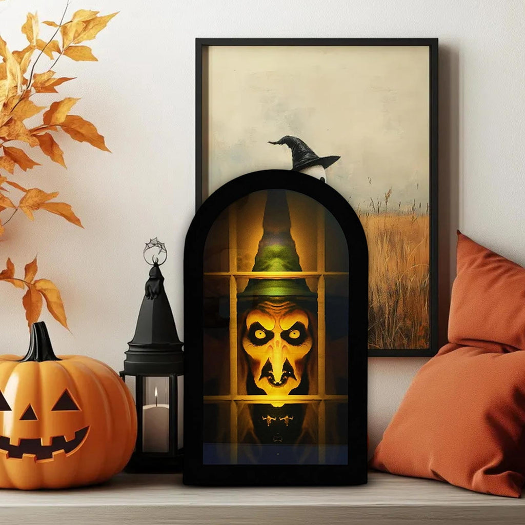 Haunt & Co Holographic Halloween Witch Mirror Decorative Metal Ornament for Holiday Ambience and Unique Festival Display