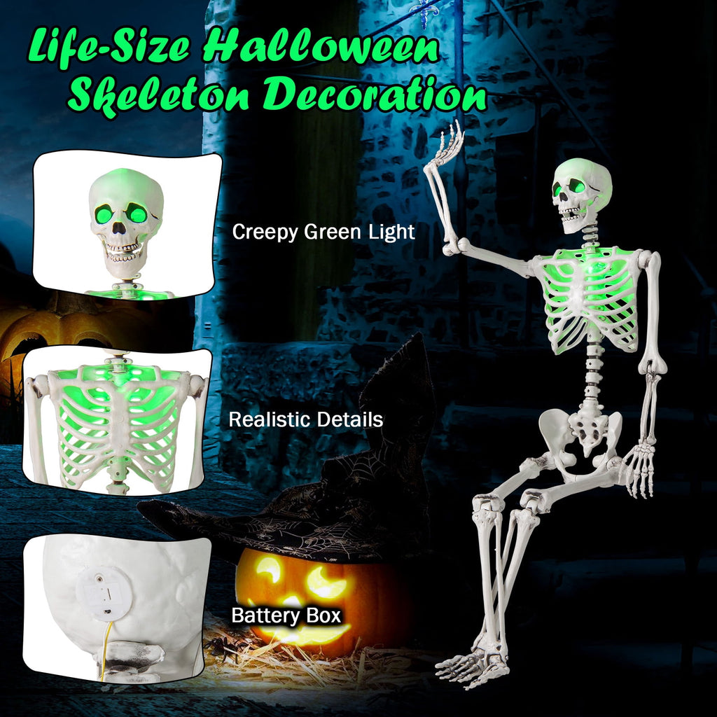 Haunt & Co Costway 5.5 FT Poseable Halloween Skeleton Life-Size Decoration with Built-in Lights Green