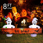 Haunt & Co Large Hallowee Inflatable-8FT White Ghosts with Orange Banner Print - Happy Halloween - LED Lights Outdoor Blow Up Decoration