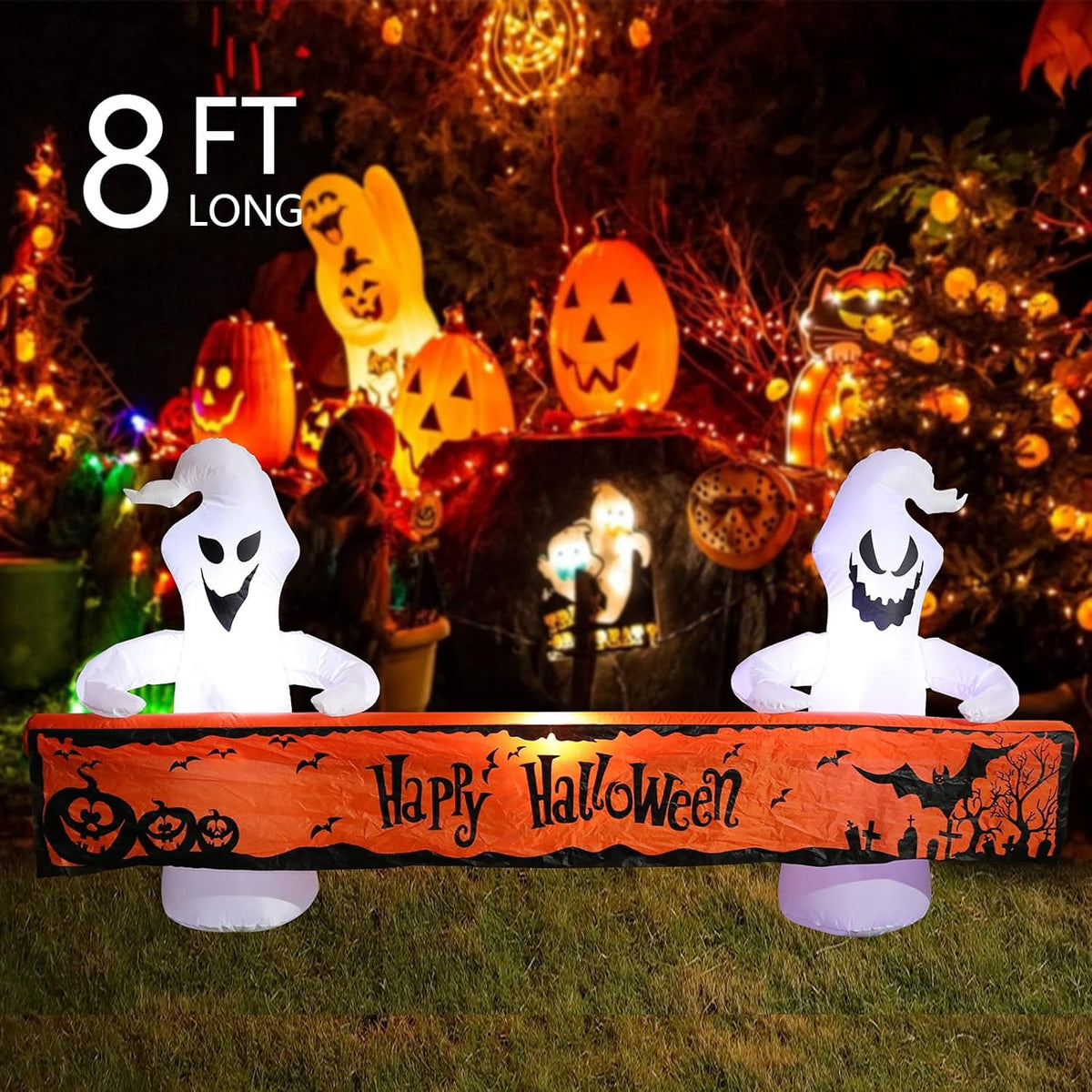 Haunt & Co Large Hallowee Inflatable-8FT White Ghosts with Orange Banner Print - Happy Halloween - LED Lights Outdoor Blow Up Decoration