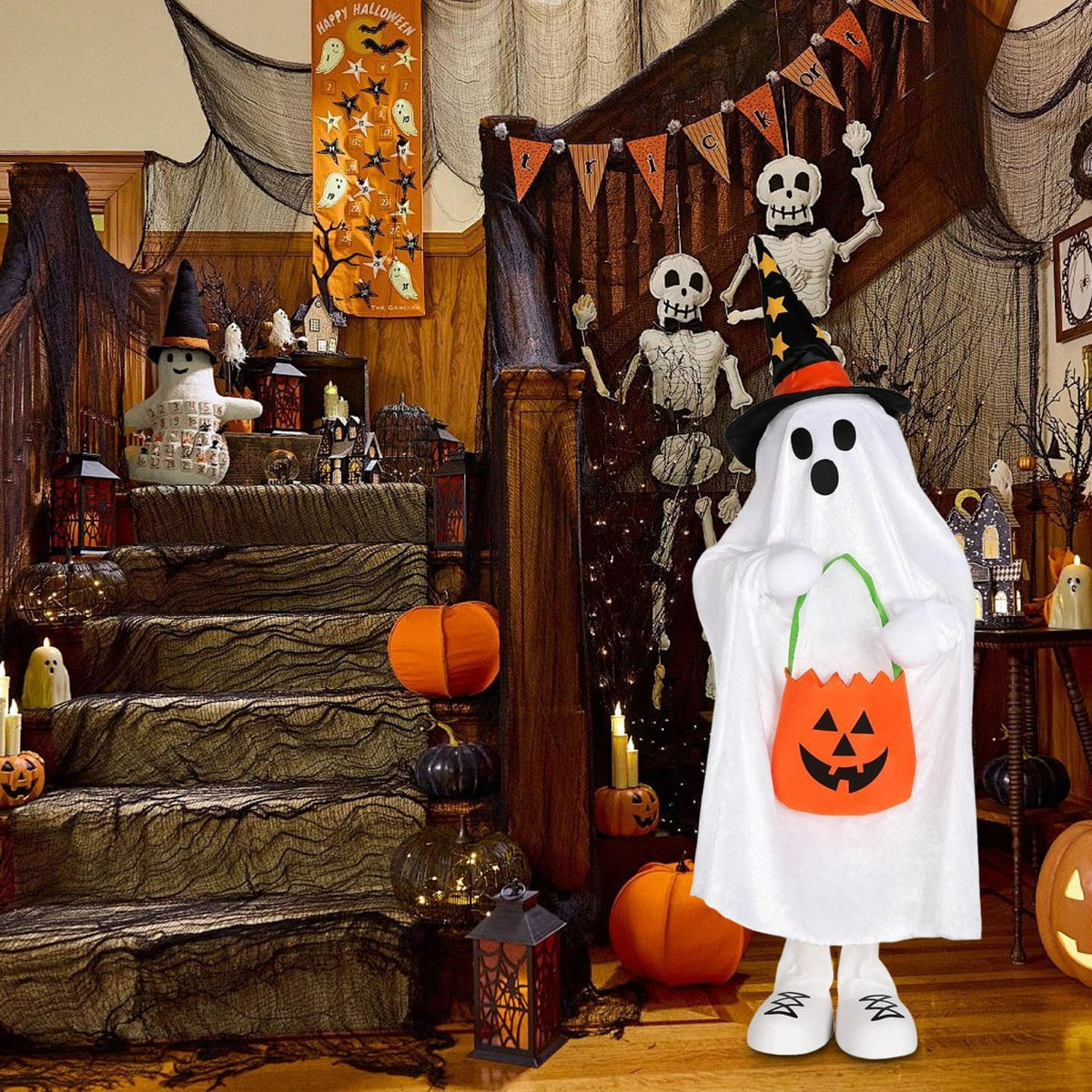 Haunt & Co Halloween Ornament Ghost Candy Ghost Glowing Decoration With Candy Pocket For Trick Or Treat