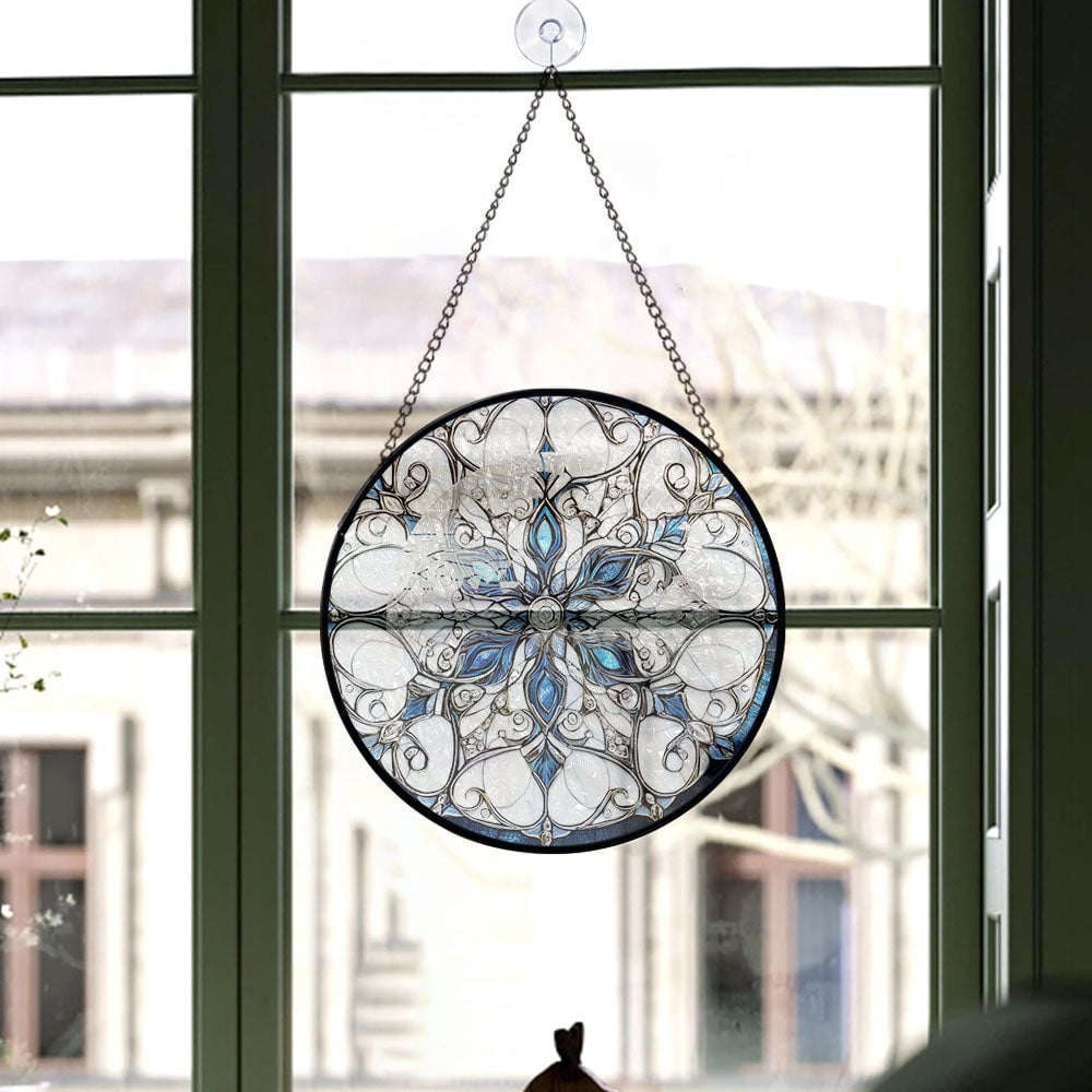 Haunt & Co Home Decor Christmas Gift - Christmas Snowflake Halloween Stained Glass Hanging Ornament - Merry & Bright Xmas Tree Decor, Holiday Gift for Family & Friends
