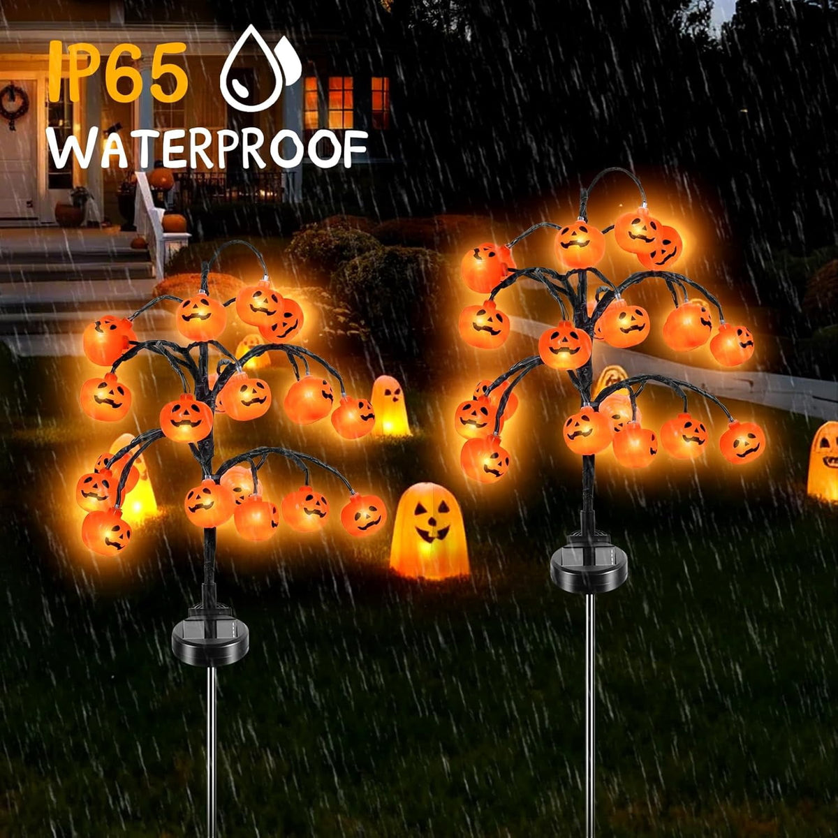 Haunt & Co 2 packs 40 LEDs Solar Halloween Pumpkin Stake Lights, 2 Modes Outdoor Waterproof , Solar Halloween Lights Stakes