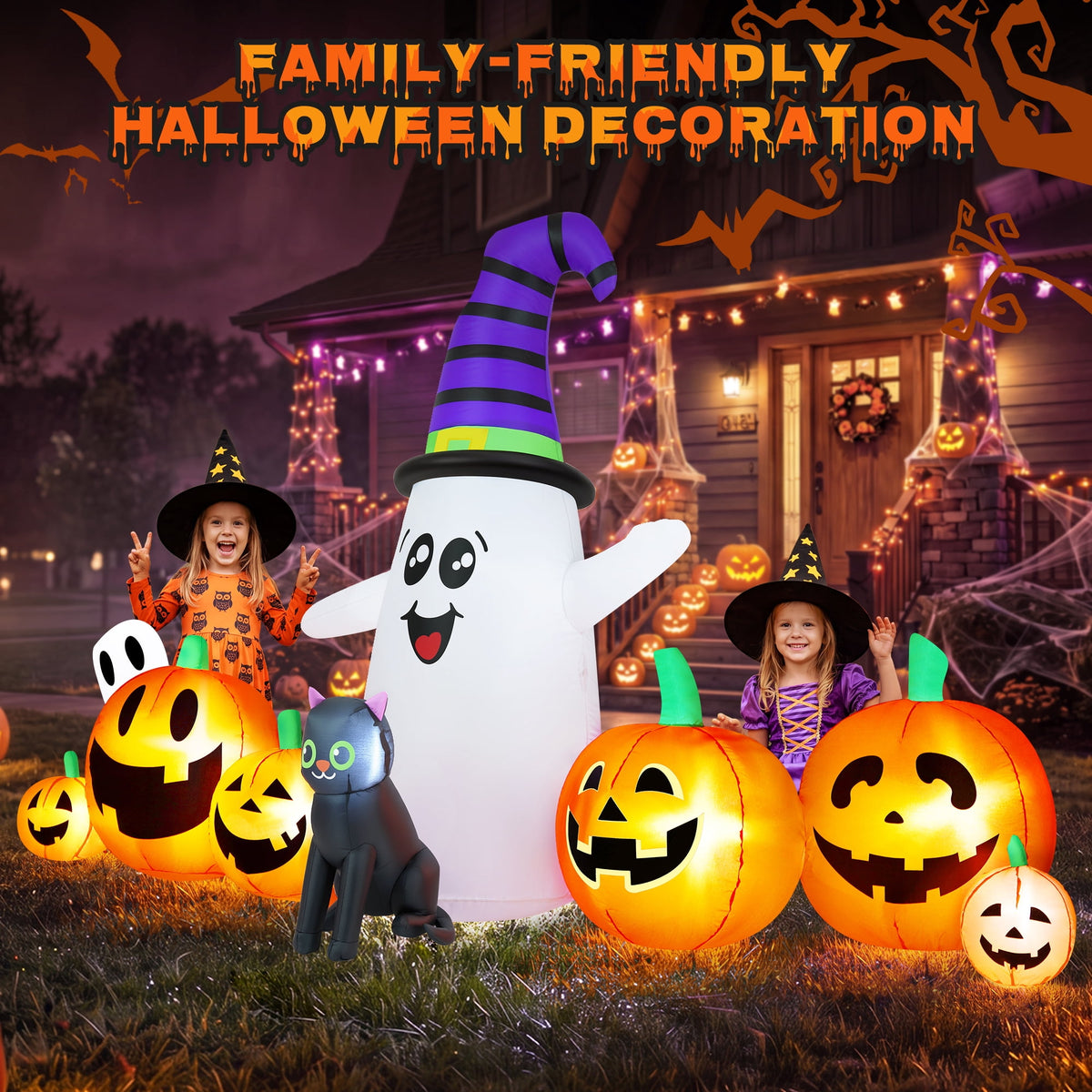 Haunt & Co 8 FT Long Halloween Inflatable Ghost with Witch Hat, 6 Pumpkins Halloween Blow Ups with Black Cat