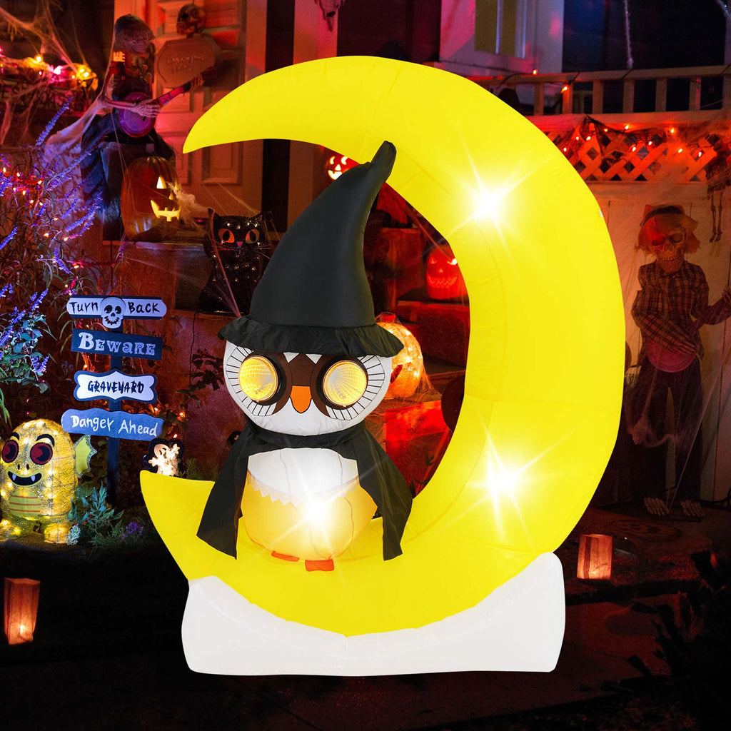 Haunt & Co Costway 4.3 x 5.1 ft Inflatable Owl on Moon LED Lighted w/ Large Moon & Wizard Owl w/ Stakes & Sandbags