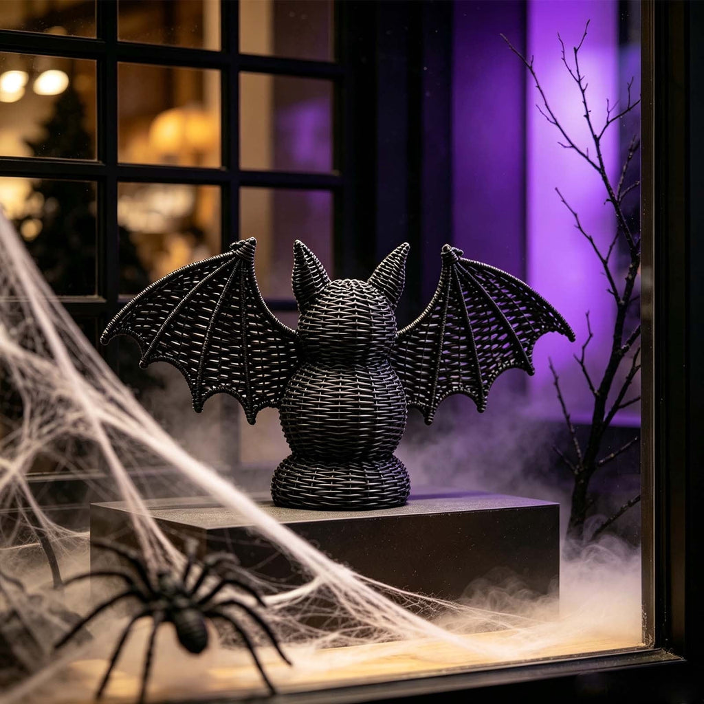 Haunt & Co SHJHENG Woven Bat Figurine â?? Black Rattan Style Halloween Decoration, Spooky Desktop Ornament for Home, Mantel, and Party Display, 7.09 Inch Tall