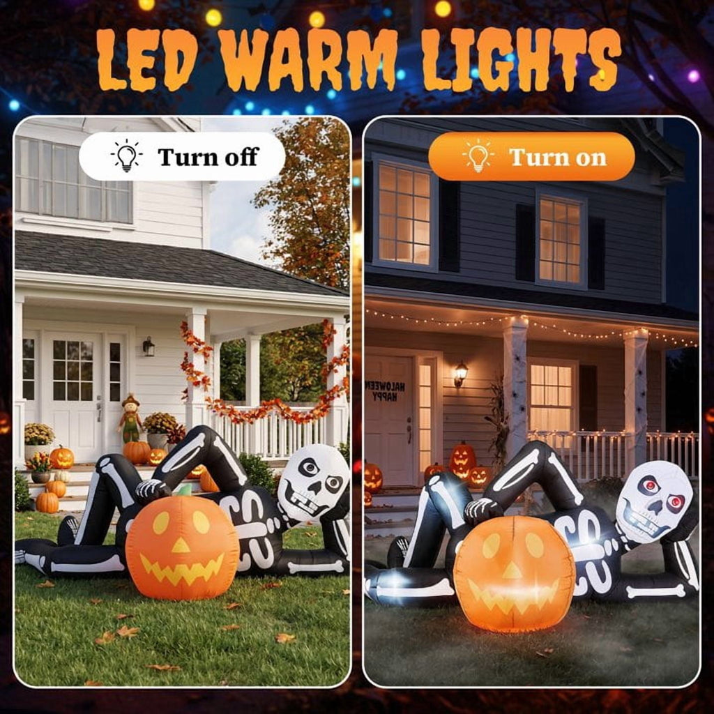 Haunt & Co 7' Halloween Inflatables Skeleton Outdoor Reclining Skeleton with Pumpkin,Built-In LED Lights