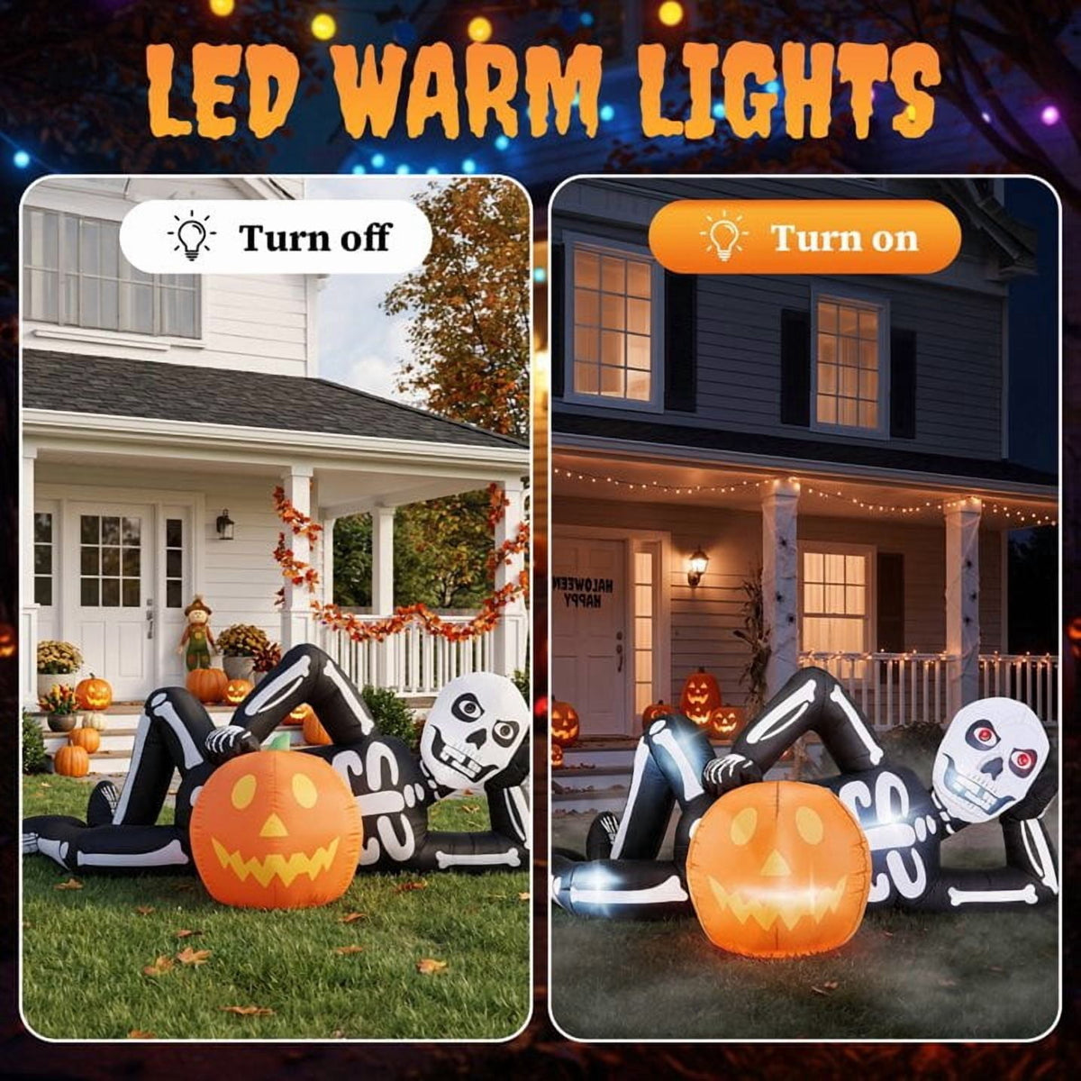Haunt & Co 7' Halloween Inflatables Skeleton Outdoor Reclining Skeleton with Pumpkin,Built-In LED Lights