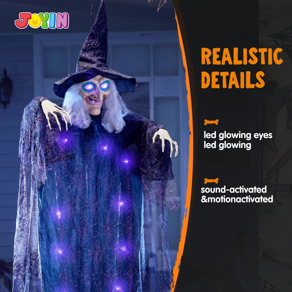 Haunt & Co 6ft Halloween Witch Decoration,Outdoor Scary Halloween Animatronic Hanging Witch with Light Up Eyes and Sound Decoration for Halloween Outdoor