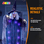 Haunt & Co 6ft Halloween Witch Decoration,Outdoor Scary Halloween Animatronic Hanging Witch with Light Up Eyes and Sound Decoration for Halloween Outdoor
