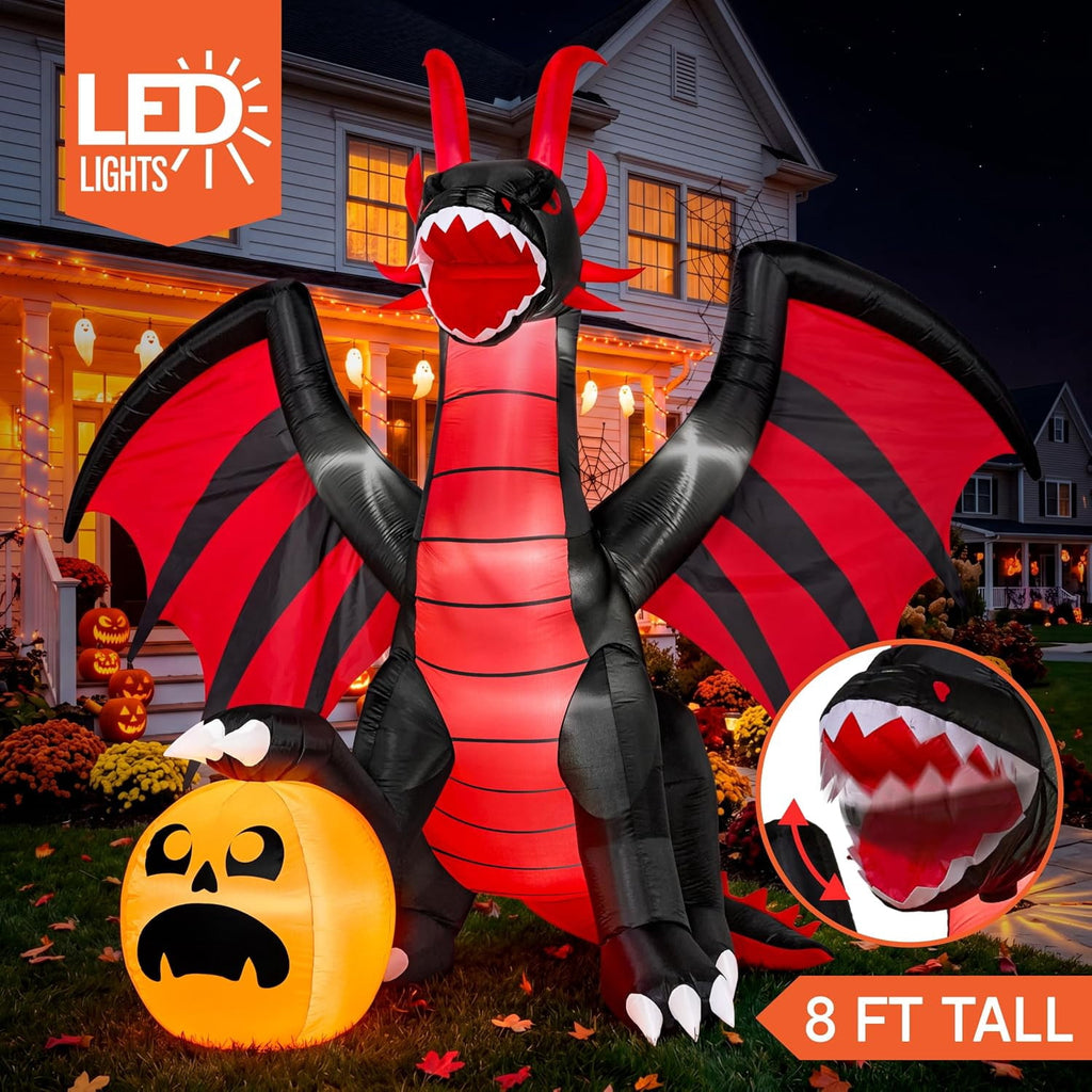 Haunt & Co 8 ft Halloween Inflatable Fire Dragon with Pumpkin,Animated Moving Mouth & Internal LED Lights, Outdoor Lawn Garden Indoor Porch Patio Spooky