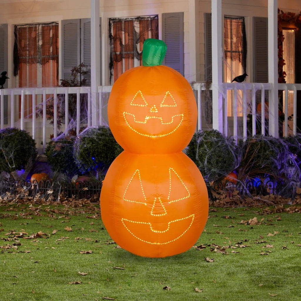 Haunt & Co 5.5 ft. H Halloween Yard Inflatables Jack-O-Lantern Pumpkin Stack with White Micro Lights